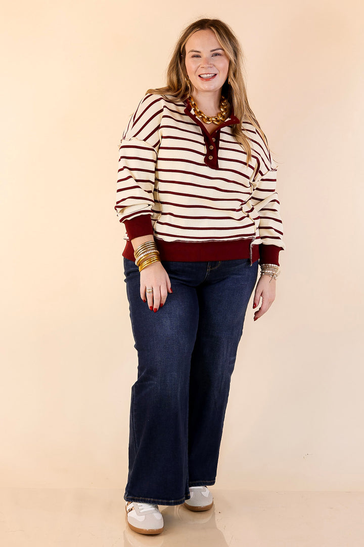 Casual Edge Long Sleeve Striped Henley Knit Top with Dropped Shoulders in Ivory with Maroon Stripes