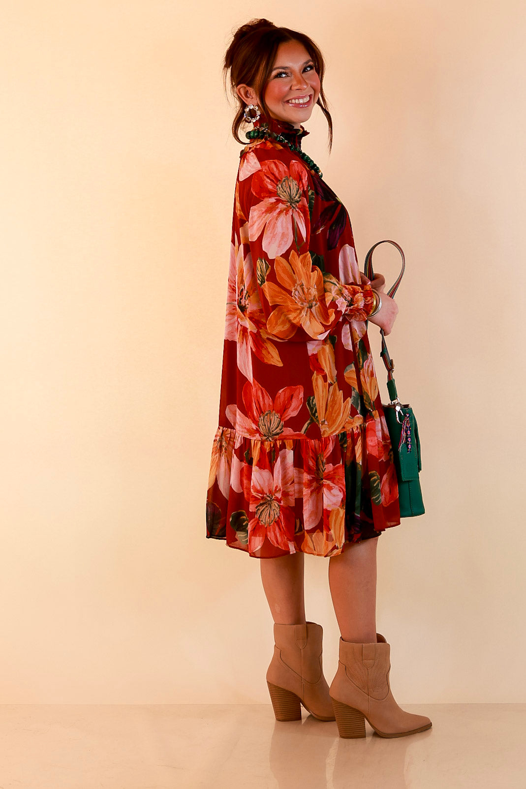 Autumn Romance Ruffle Neck Long Sleeve Floral Peplum Dress in Rust Red Multi