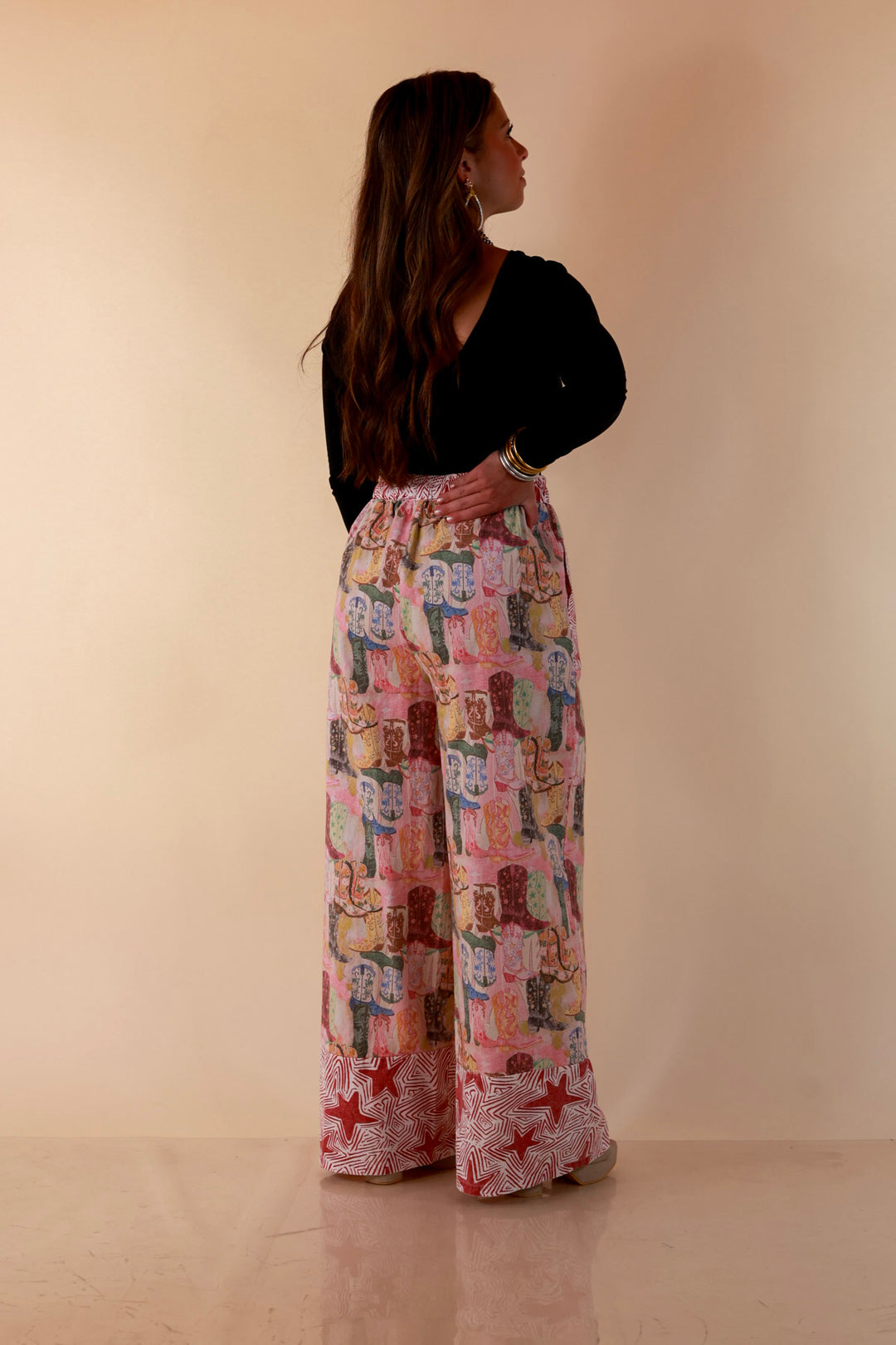 Pairs Well with Others Boots and Stars Mixed Print Drawstring Pants with Elastic Waistband in Red Mix