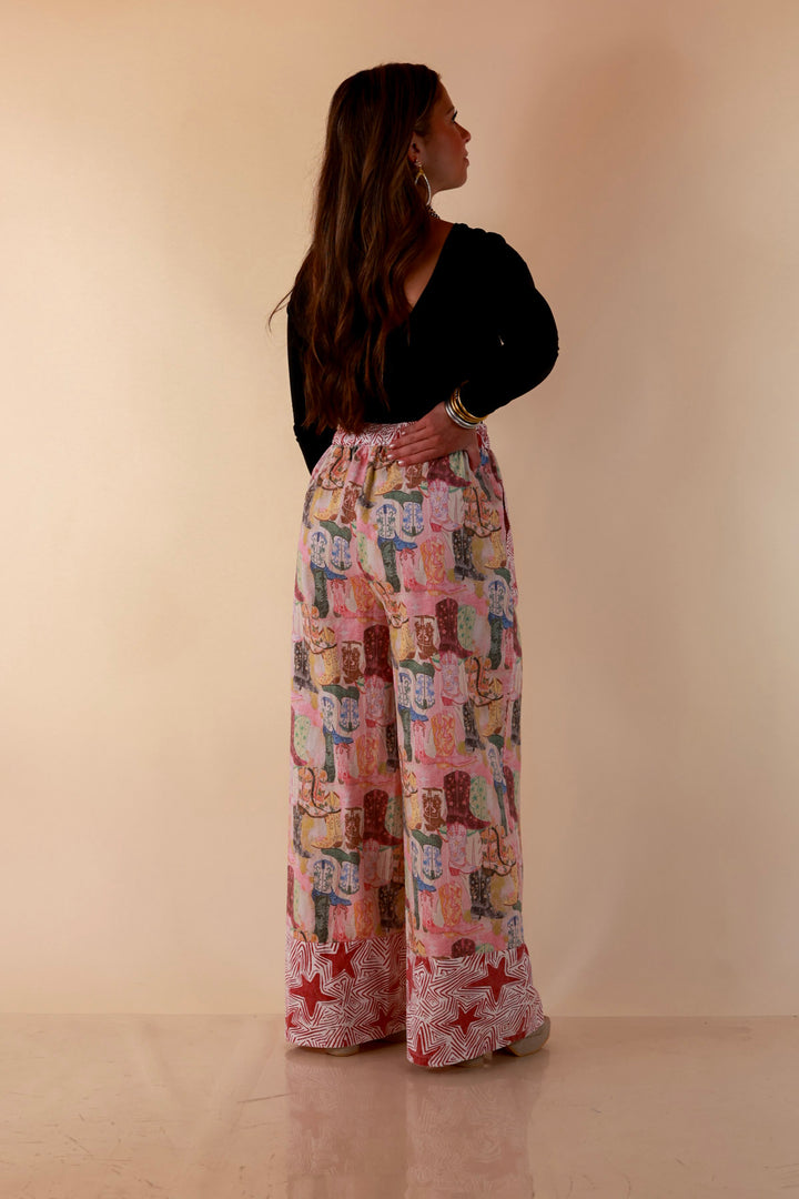 Pairs Well with Others Boots and Stars Mixed Print Drawstring Pants with Elastic Waistband in Red Mix