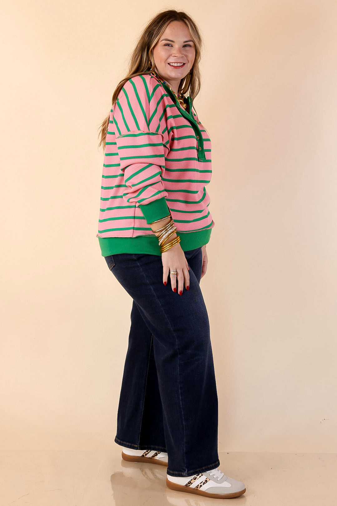 Casual Edge Long Sleeve Striped Henley Knit Top with Dropped Shoulders in Pink with Green Stripes