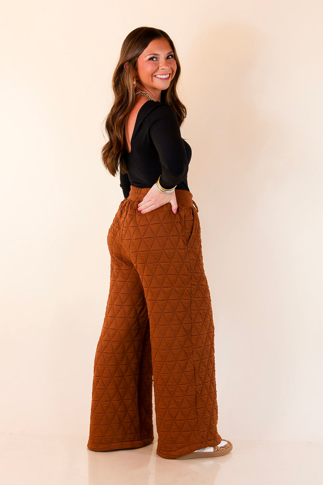 Everyday Elevated Quilted Wide Leg Drawstring Pants with Elastic Waistband in Rust Brown