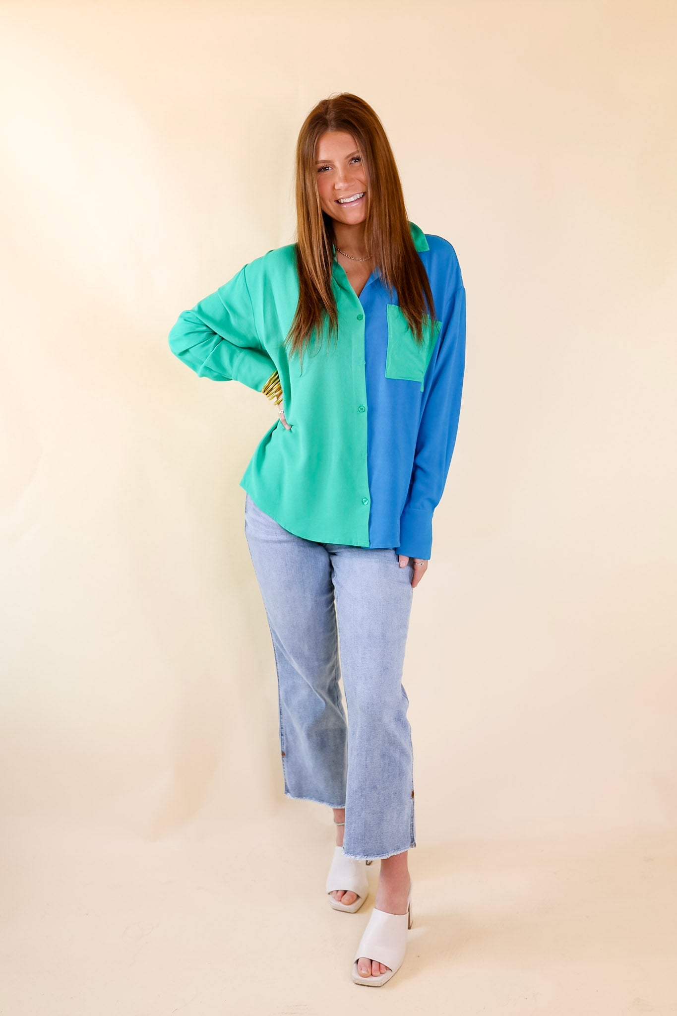 Play It Up Color Block Button Up Top in Blue and Green - Giddy Up Glamour Boutique