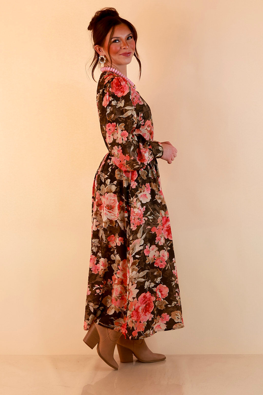 Written in the Roses Long Sleeve Floral Button Front Belted Midi Dress in Olive Green Multi