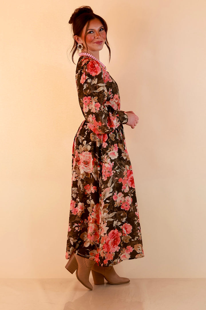 Written in the Roses Long Sleeve Floral Button Front Belted Midi Dress in Olive Green Multi