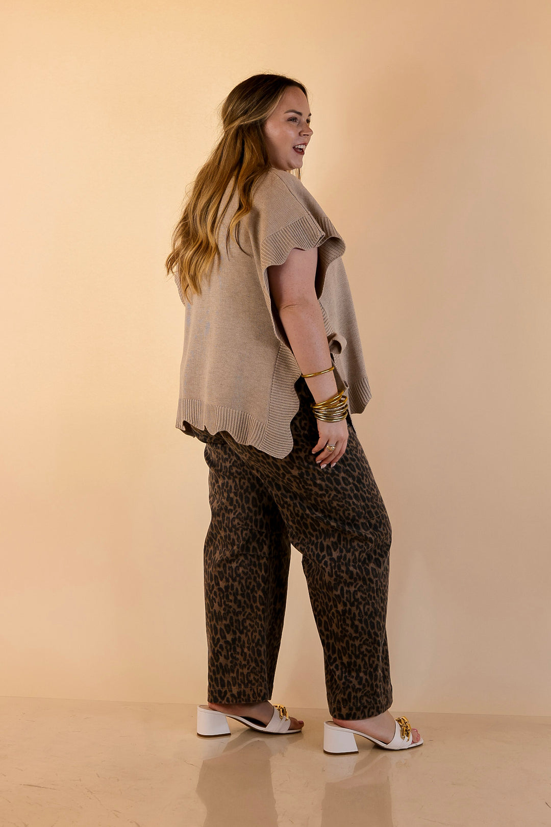 Mud Pie | Sweet Simplicity Scalloped Edge Side Tie Knit One Sized Poncho Sweater in Tan
