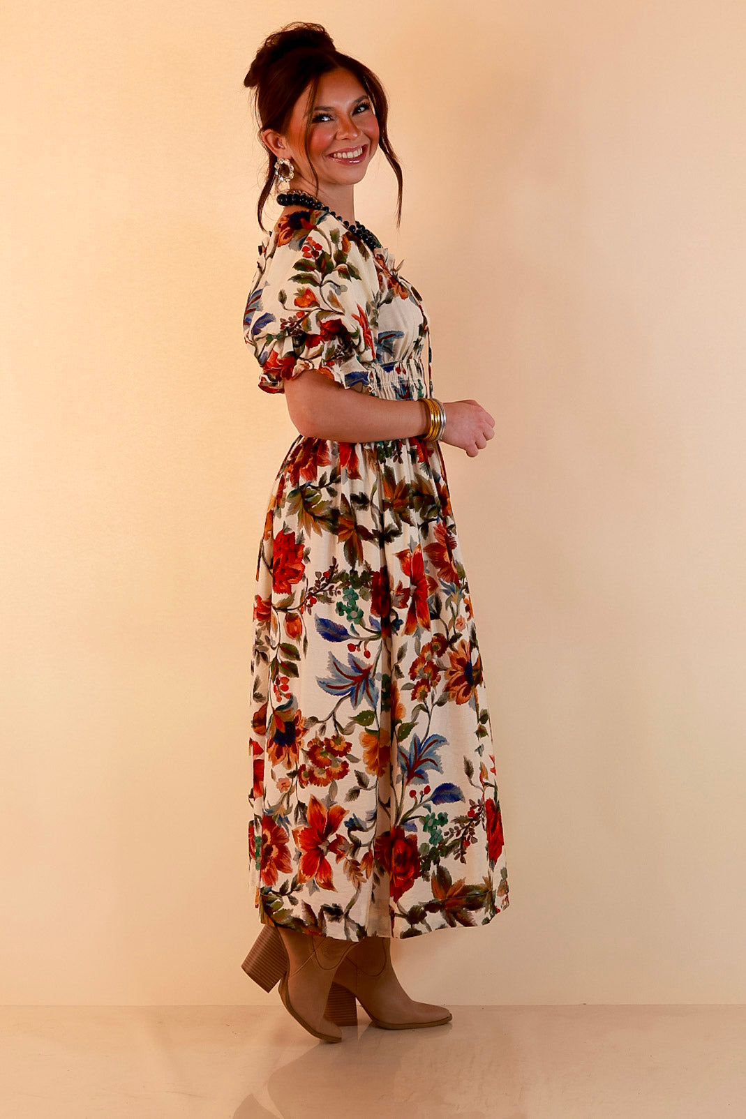 Autumn in the Air Puff Sleeve Smocked Waist Floral Print Tiered Midi Dress in Ivory Multi