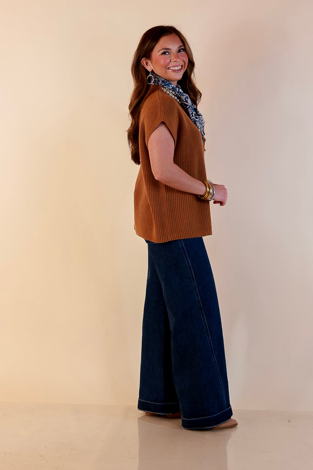 Repeat Ready Cap Sleeve Sweater with Front Pocket in Camel Brown