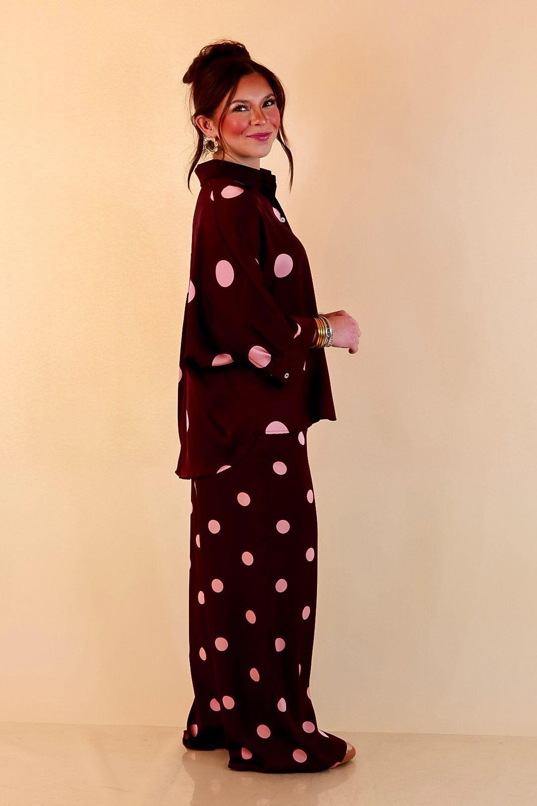 Two of a Kind Full Length Wide Leg Pull-On Drawstring Blush Pink Polka Dot Pants in Maroon