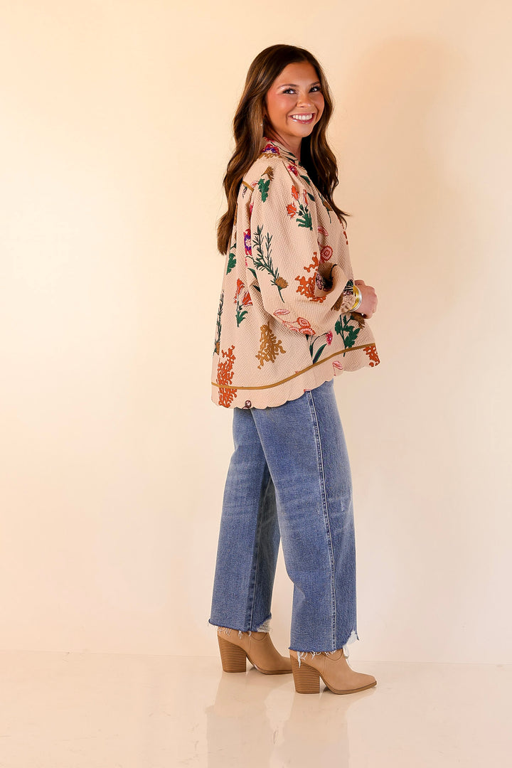 Garden Soirée Floral Print Collared Blouse with Long Balloon Sleeves in Tan