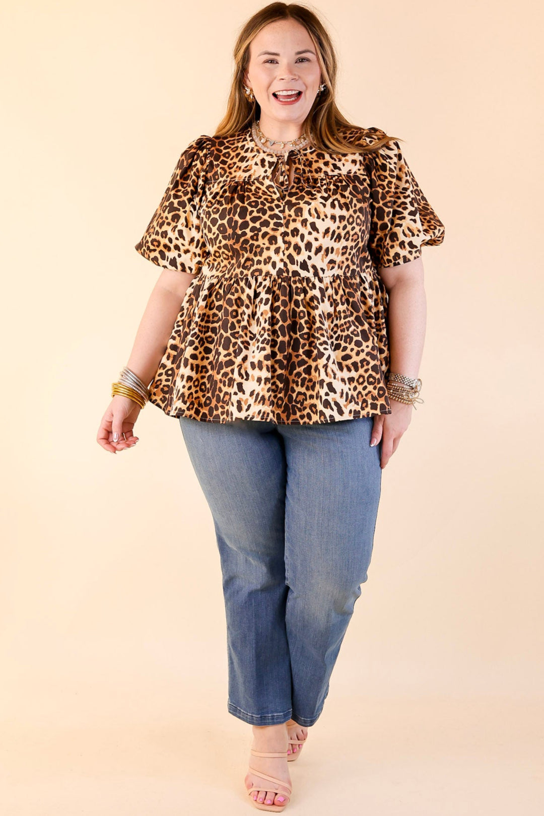 Fierce and Fab Babydoll Top with Short Puff Sleeves in Leopard Print