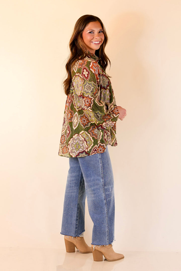 Mosaic Muse Boho Mosaic Print Long Balloon Sleeve Blouse in Olive Green, Maroon and Rust Orange