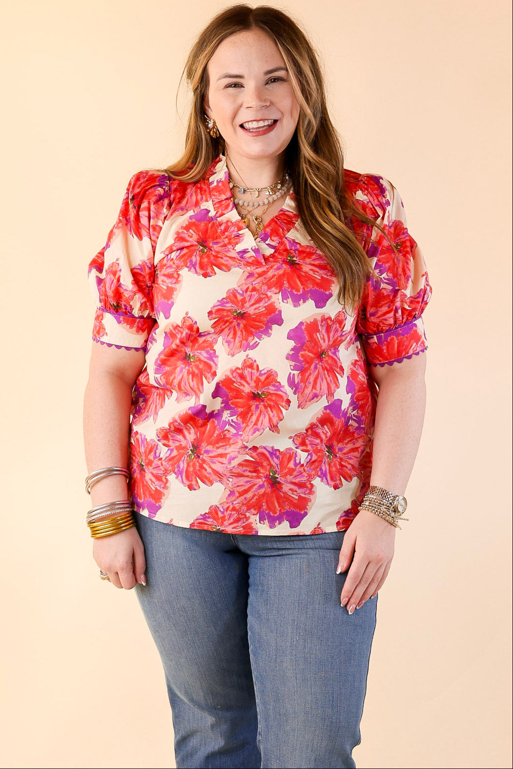 Perfectly Posh Purple and Red Floral Print Top with Short Puff Sleeves in Ivory