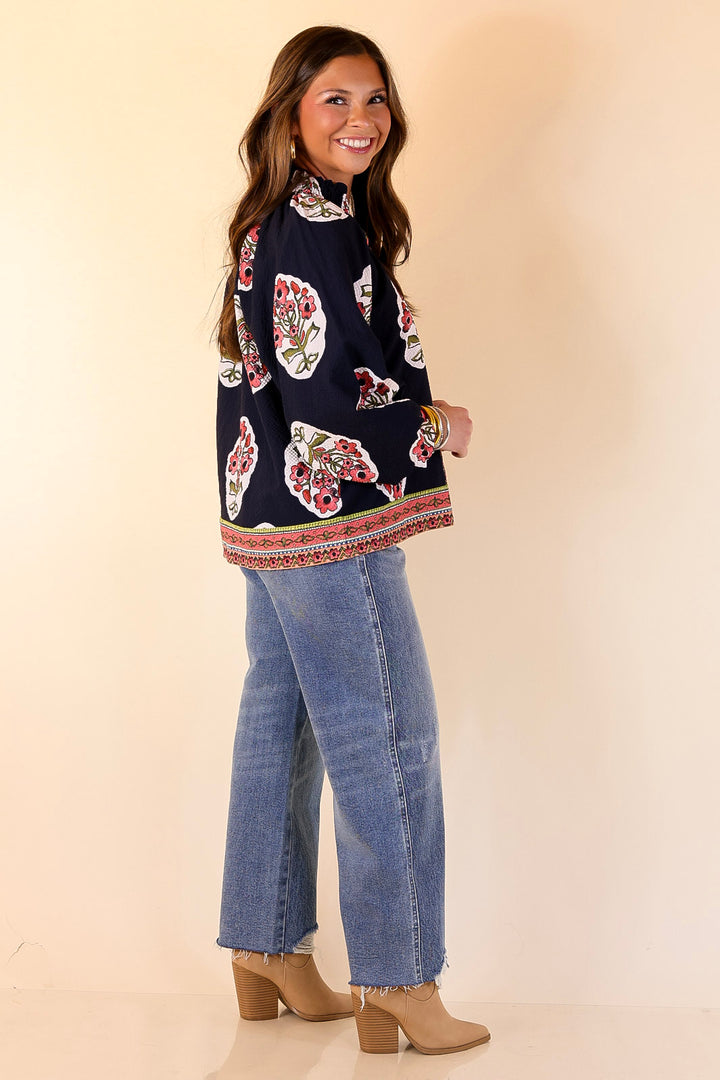 Farmer's Market Flair Floral Print V Neck Blouse with Long Balloon Sleeves in Navy
