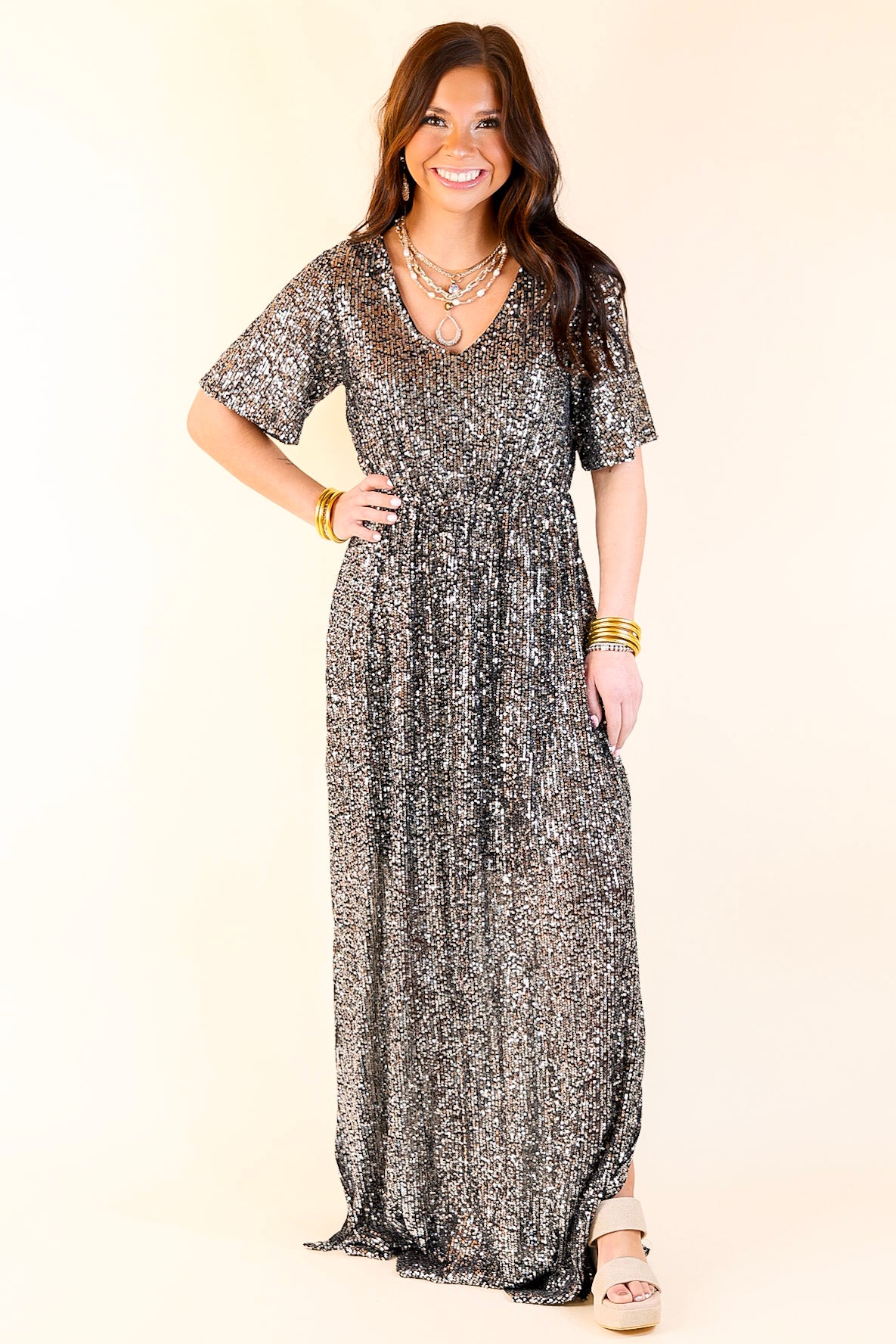 Sparkle In The City Short Sleeve Sequin Maxi Dress in Black