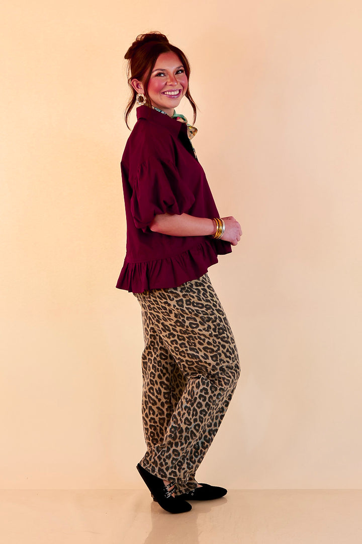 Style in Session Solid Button Down Peplum Bubble Sleeve Top in Maroon