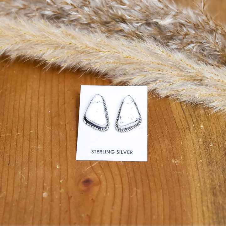 Judith Dixon | Navajo Handmade Sterling Silver Triangle Drop Earring with White Buffalo Stone