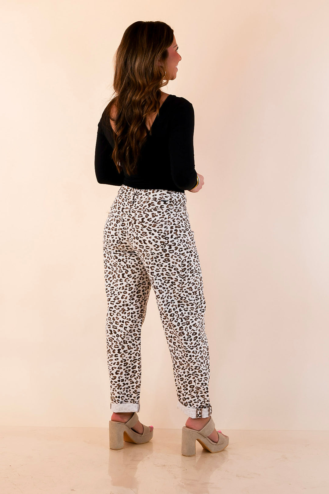 Risen | Wild Intentions Leopard Print Barrel Jeans in Ivory and Brown
