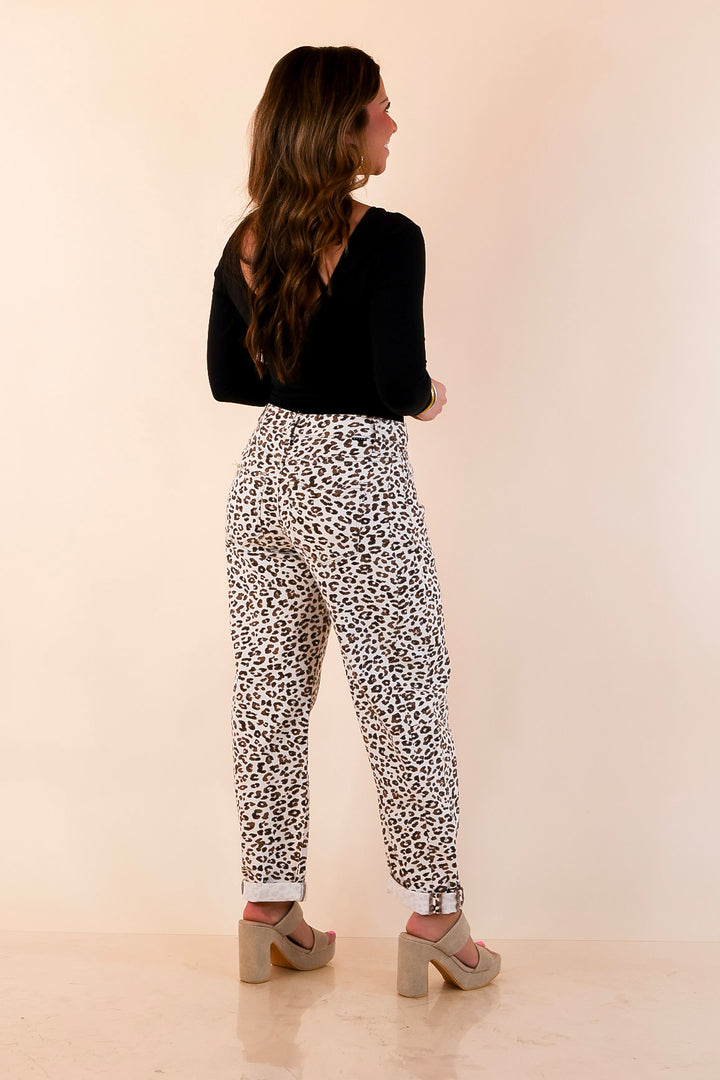 Risen | Wild Intentions Leopard Print Barrel Jeans in Ivory and Brown