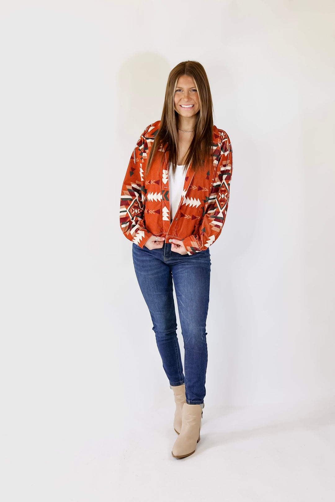 Signature Moves Aztec Print Jacket with Crystal Fringe in Rust Orange - Giddy Up Glamour Boutique