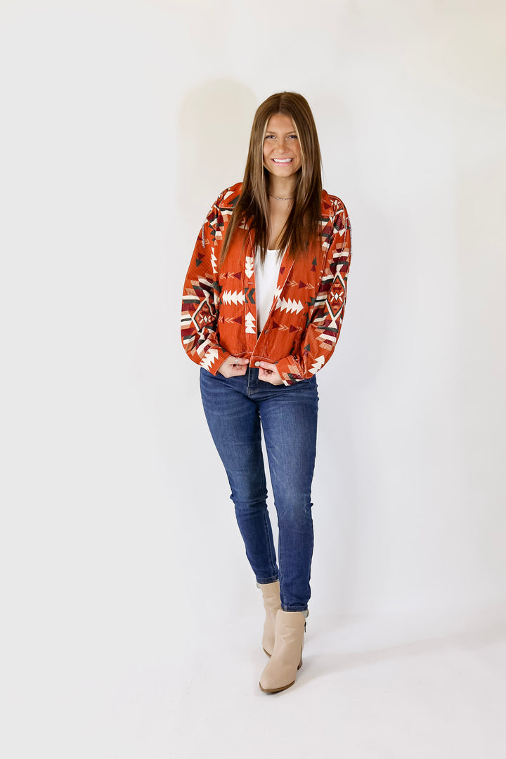 Signature Moves Aztec Print Jacket with Crystal Fringe in Rust Orange - Giddy Up Glamour Boutique