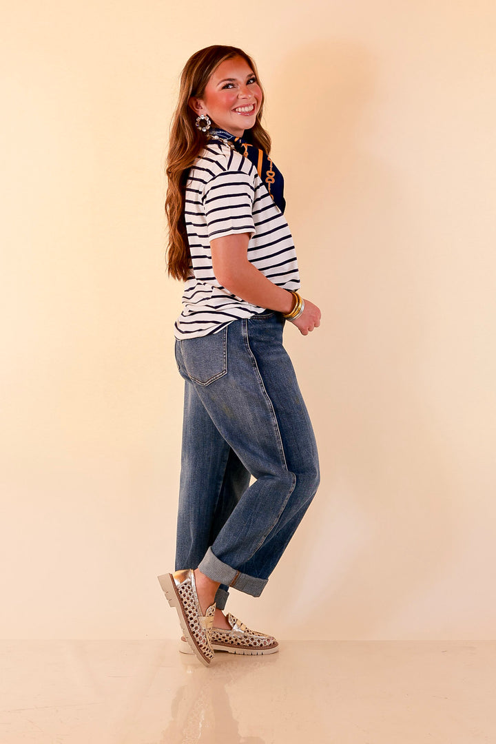 The Daily Stripe Scoop Neck Short Sleeve Striped Tee Top in Navy Blue