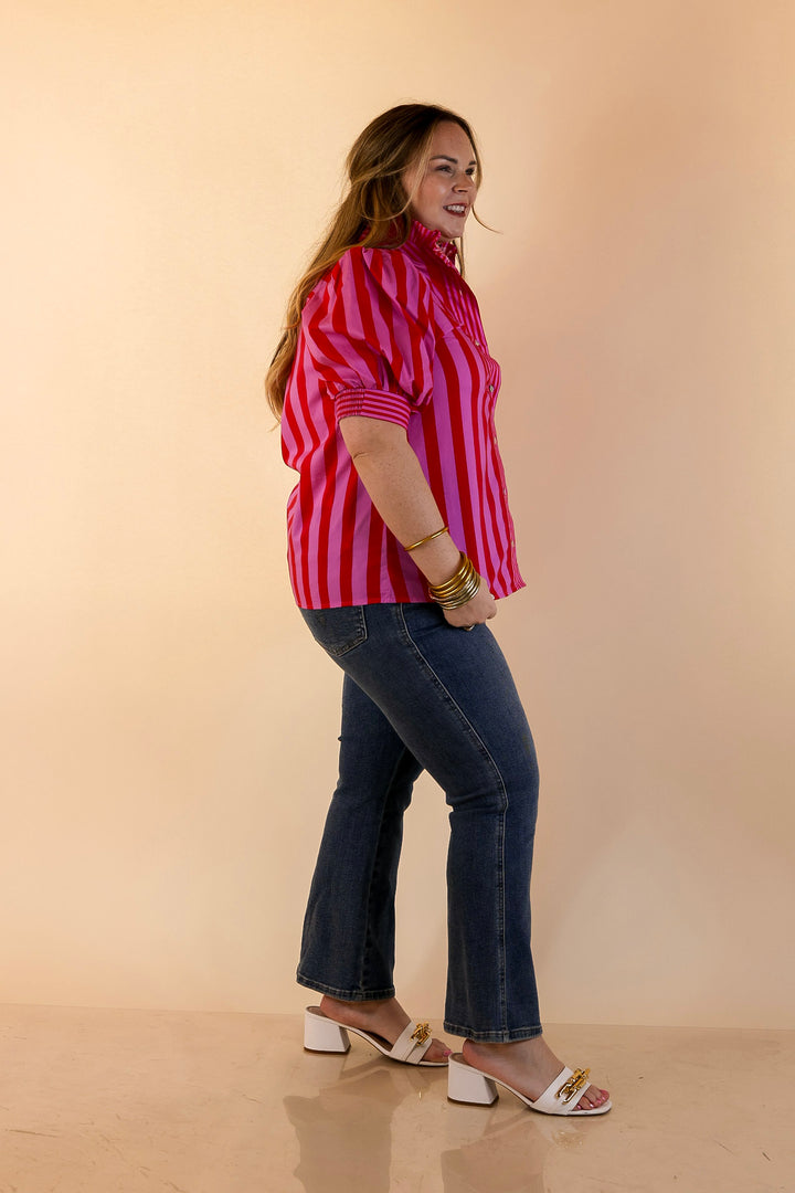 Bold Bliss Button Front Stripe Top with Puff Sleeves and Ruffle Collar in Pink and Red