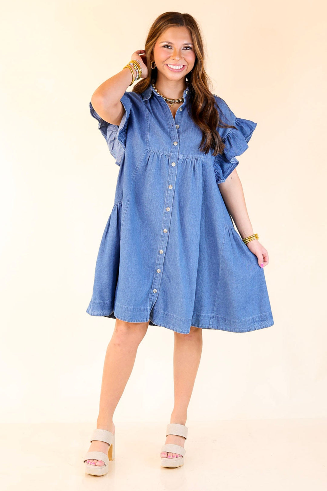 A-Line Button-Up Dress With Ruffle Sleeves and Collar in Classic Blue – Giddy Up Glamour Boutique