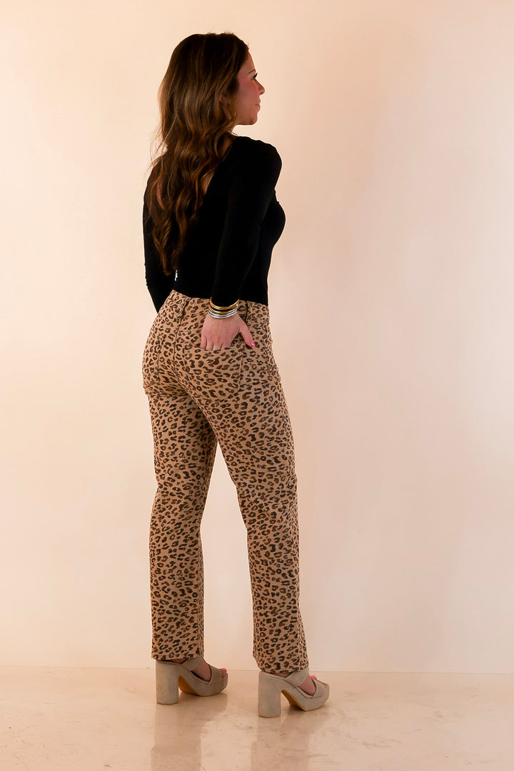 Risen | Effortlessly Wild Leopard Print Cropped Slim Straight Jeans in Camel Brown