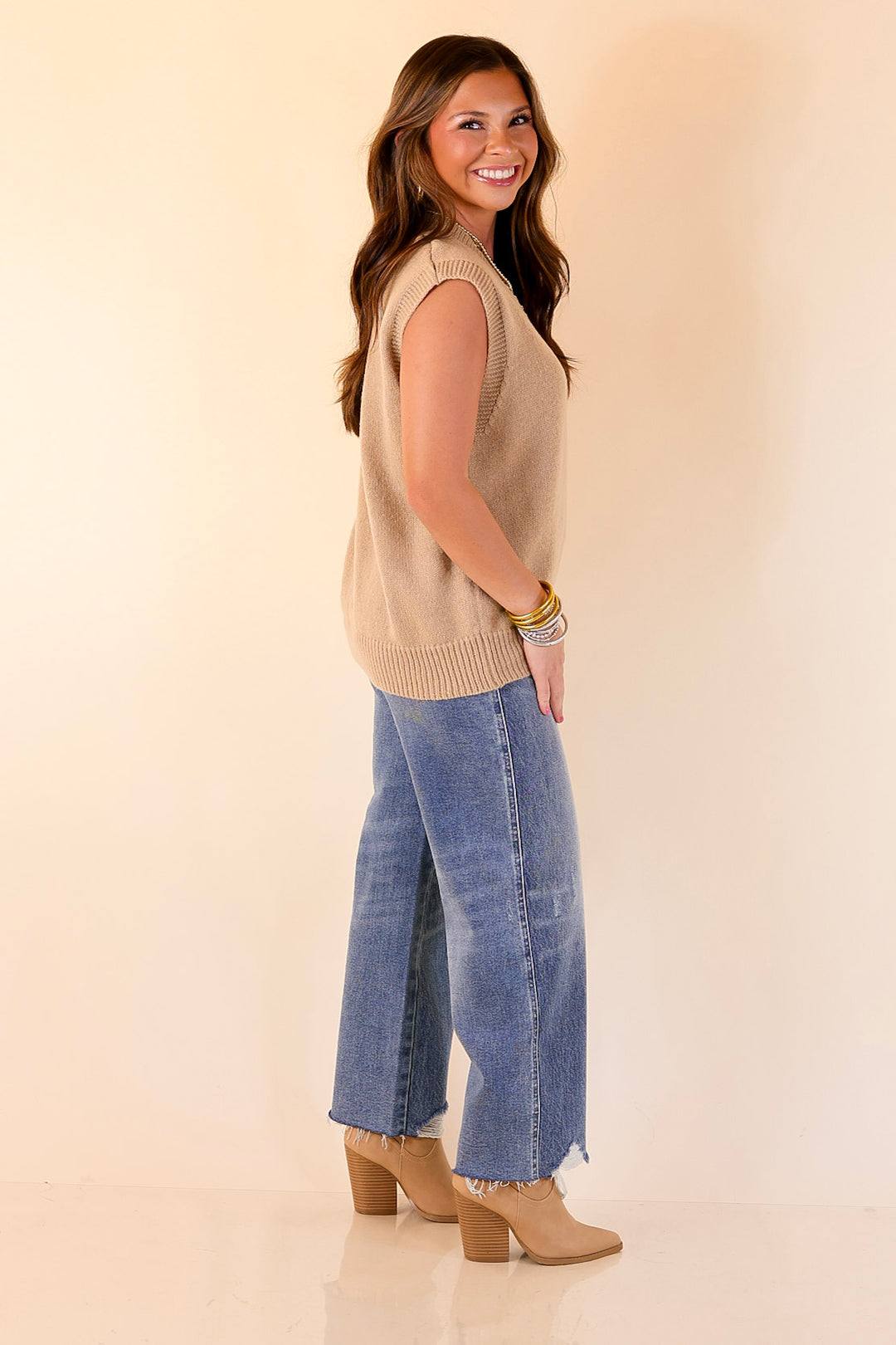 Vested Interest Knit V Neck Sweater Vest in Oatmeal Taupe