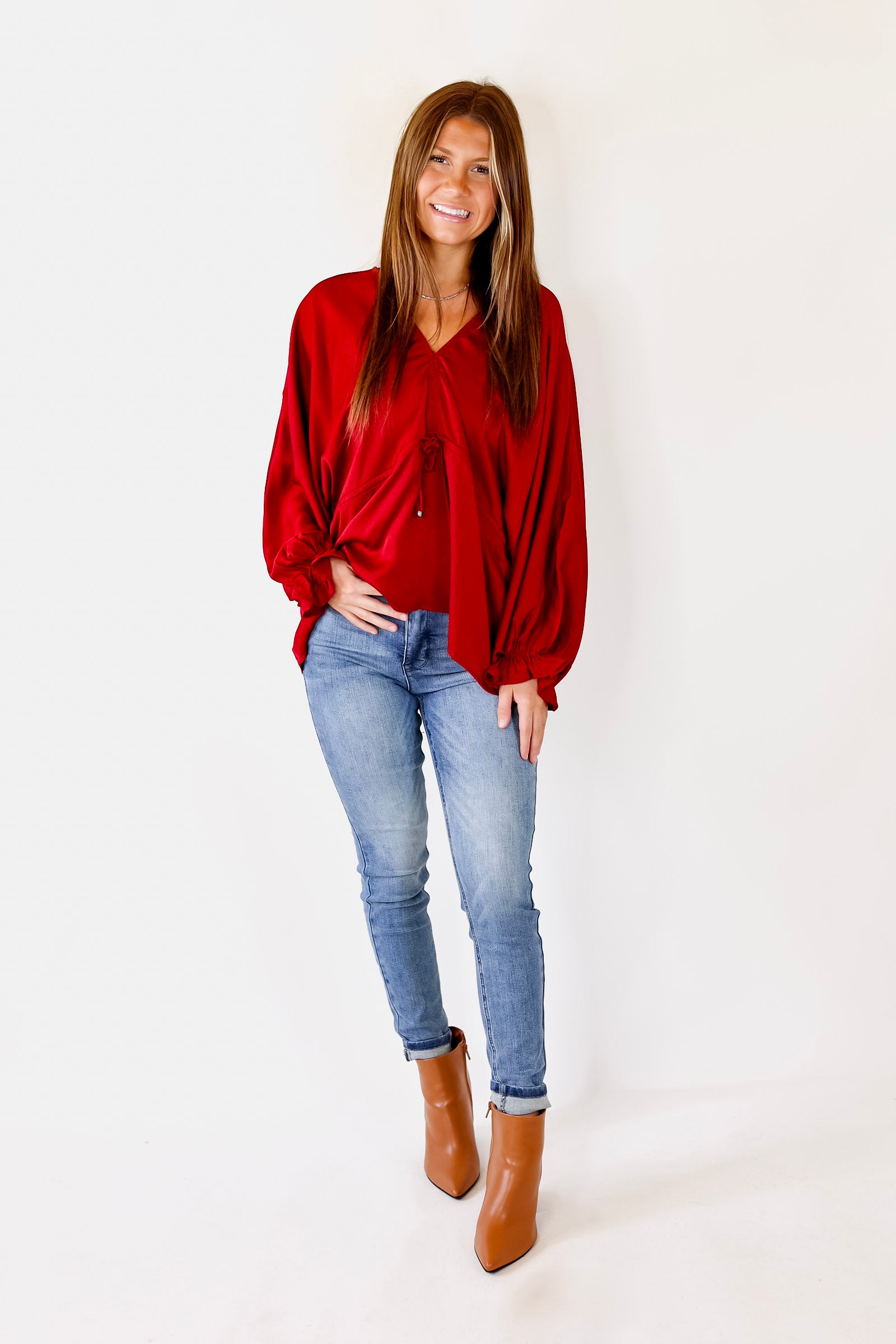Stating Facts Satin Top with Drawstring Waist in Dark Red - Giddy Up Glamour Boutique