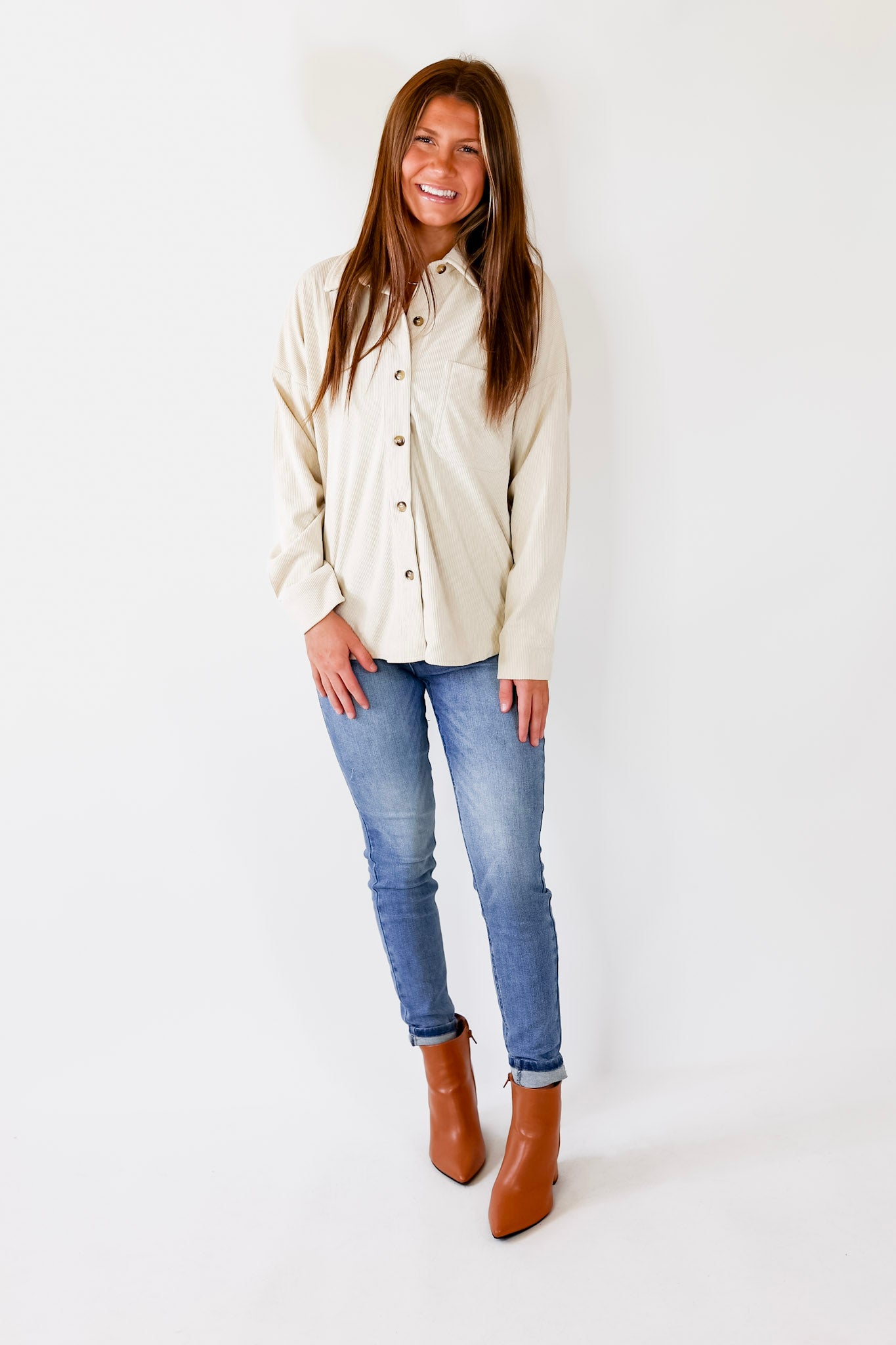 Captivating Cuteness Corduroy Button Up Shacket in Cream - Giddy Up Glamour Boutique