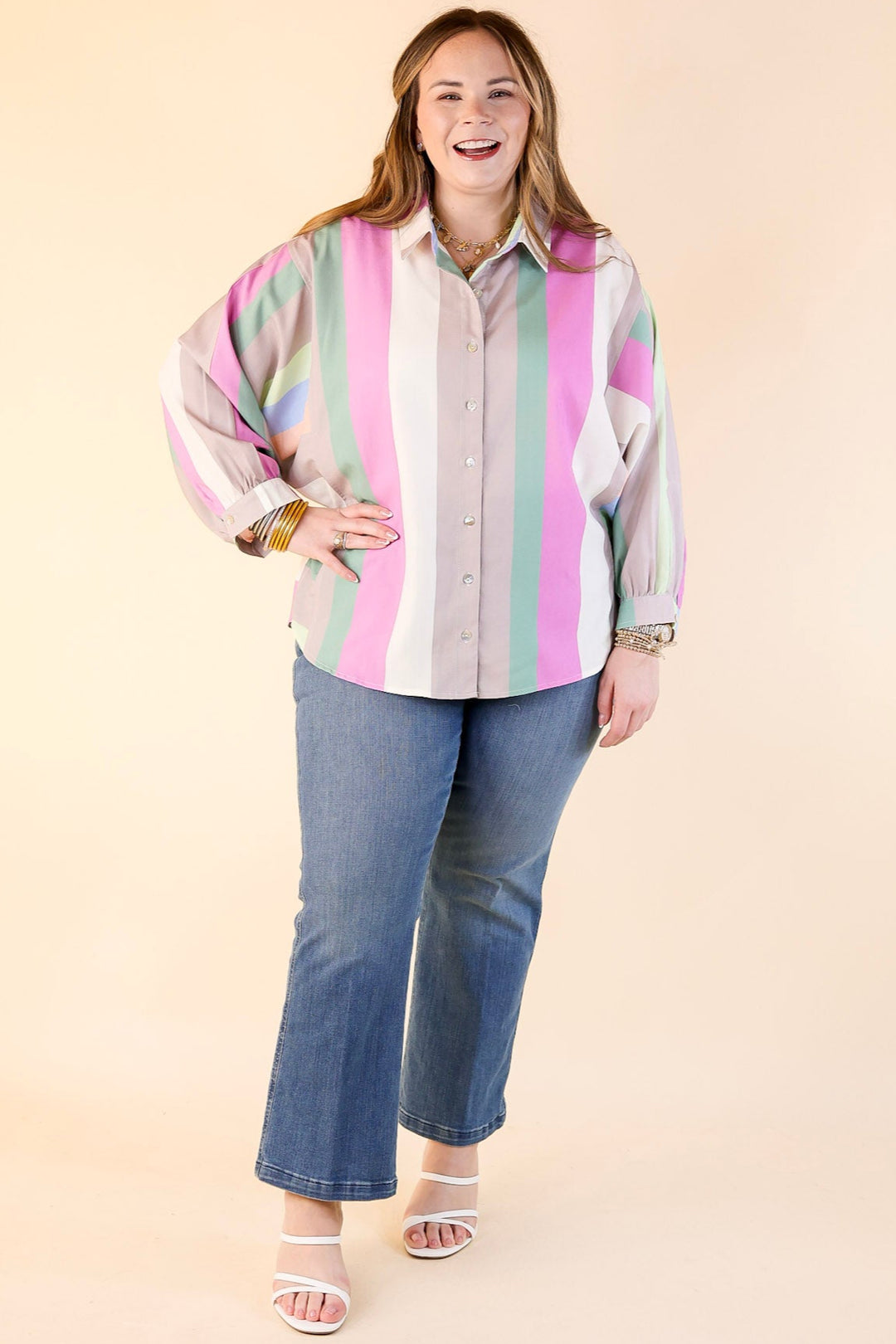 Spring Hues Multicolor Long Sleeve Button Up Top