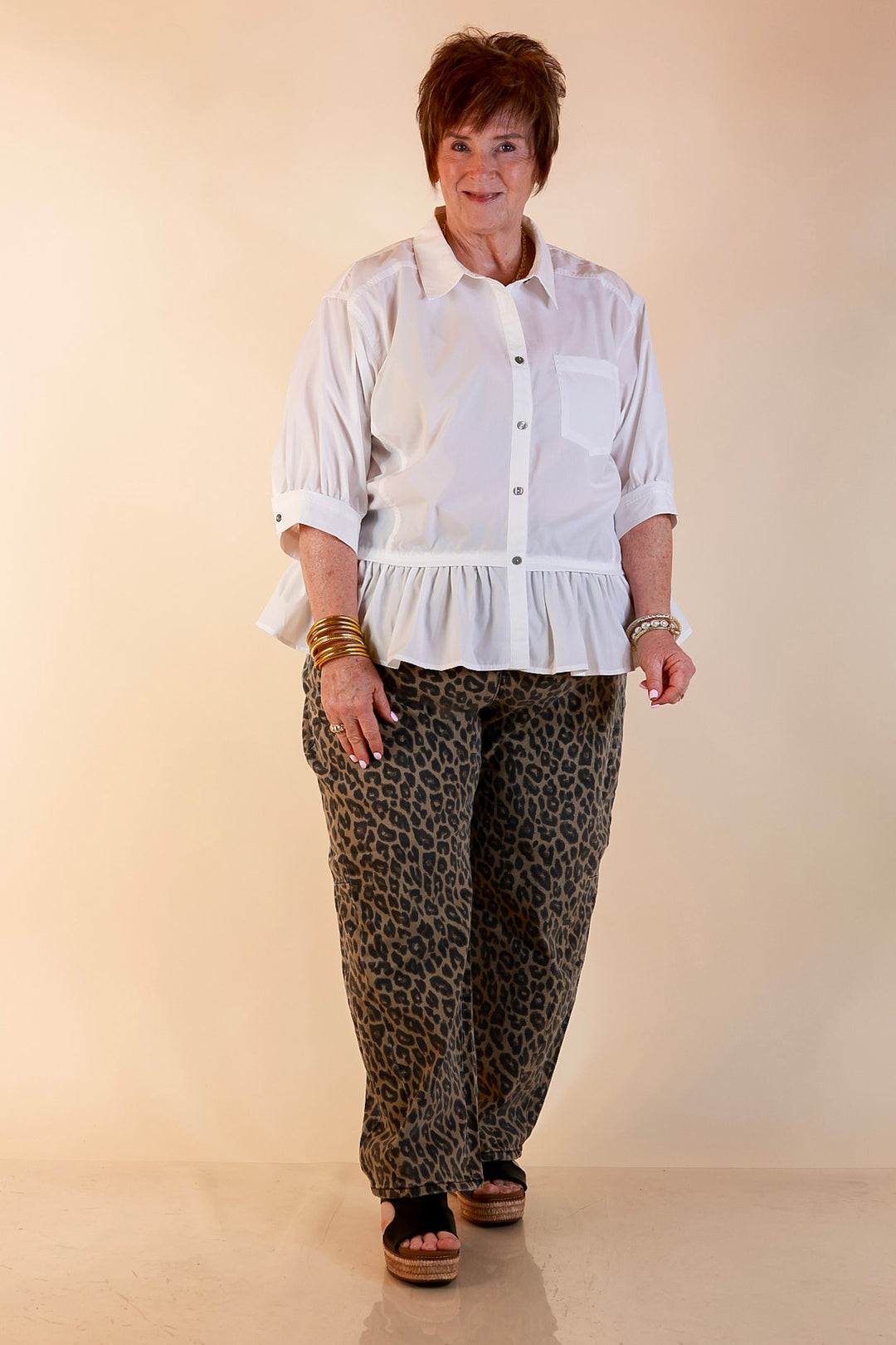 Style Agenda Solid Button Down Peplum Top in White