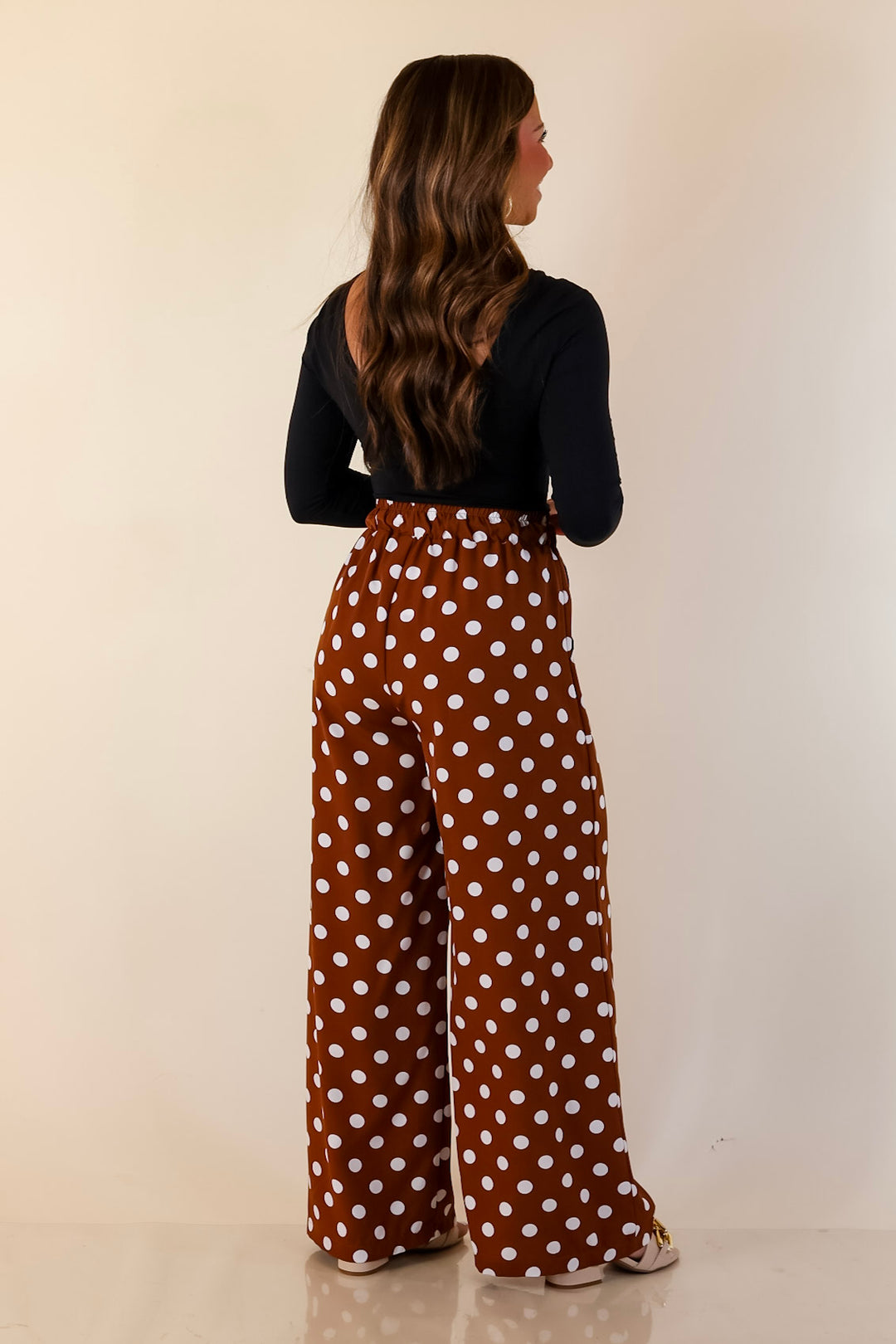 Pairs Well with Others Polka Dot Print Drawstring Pants with Elastic Waistband in Brown