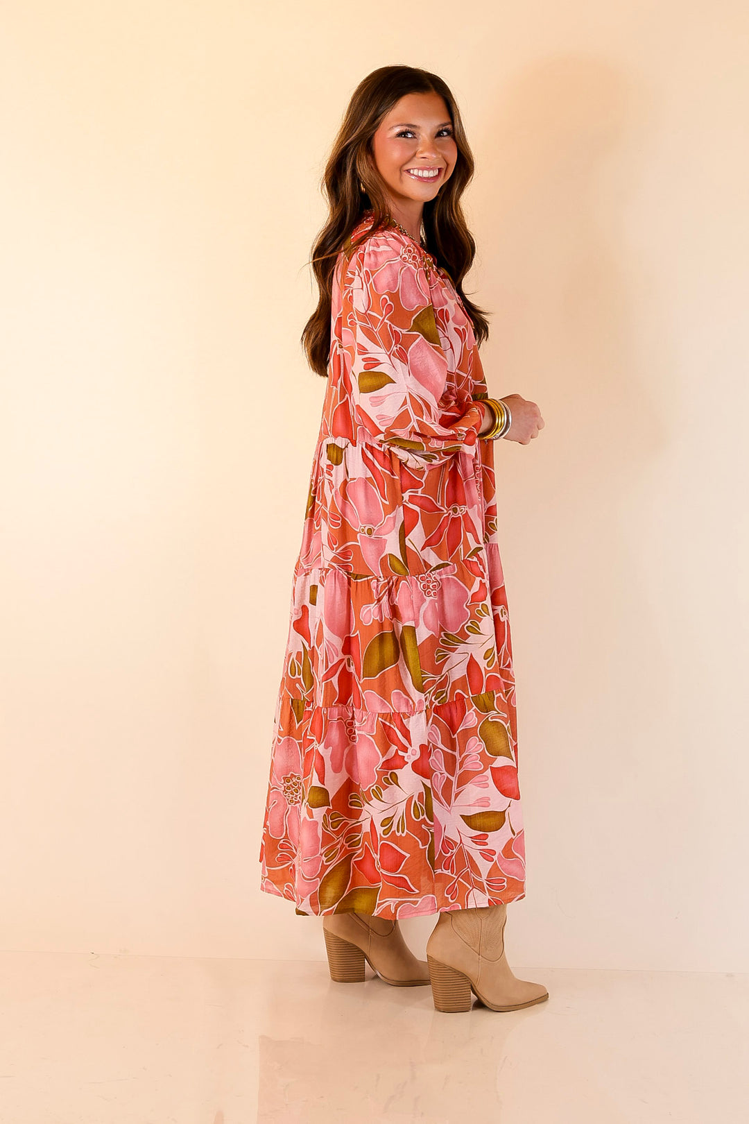 Tiered Midi Dress with 3/4 Balloon Sleeves in Pink and Olive Floral S Tiered Midi Dress with 3/4 Balloon Sleeves in Pink and Olive Floral S