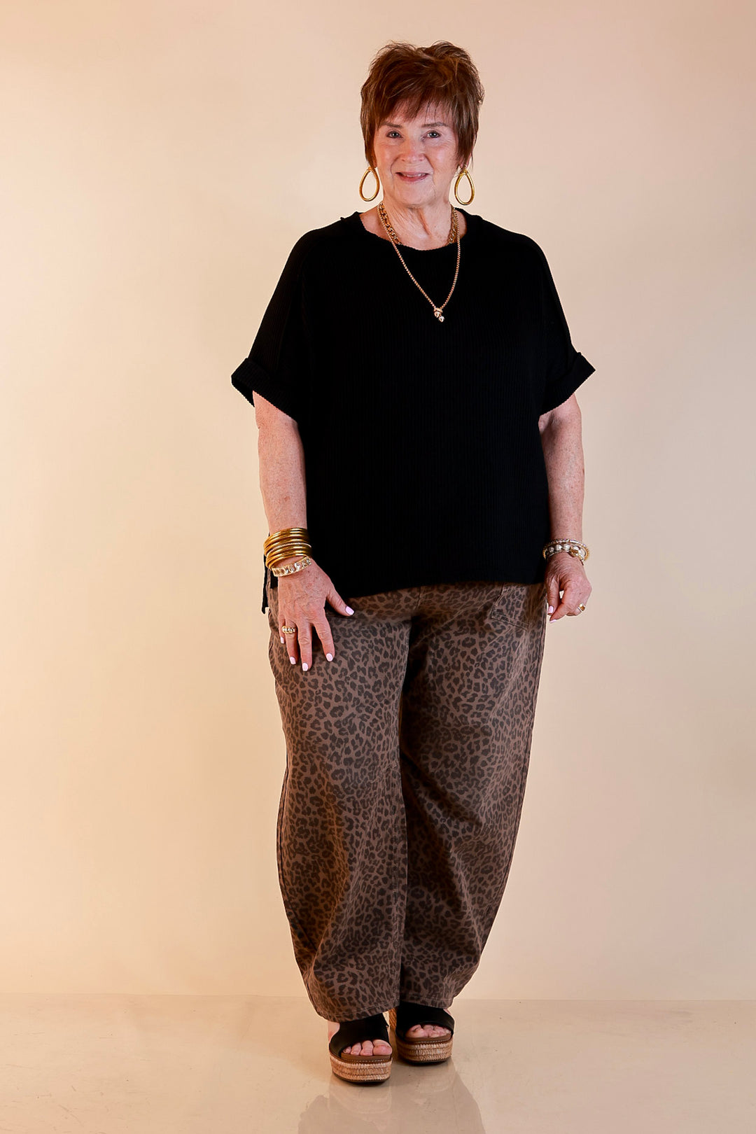 Risen | Easy Statement Leopard Print Drawstring Denim Barrel Jeans in Brown