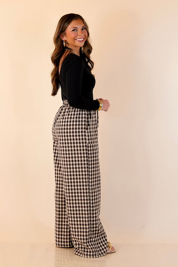 Pairs Well with Others Plaid Checkered Print Drawstring Pants with Elastic Waistband in Ivory