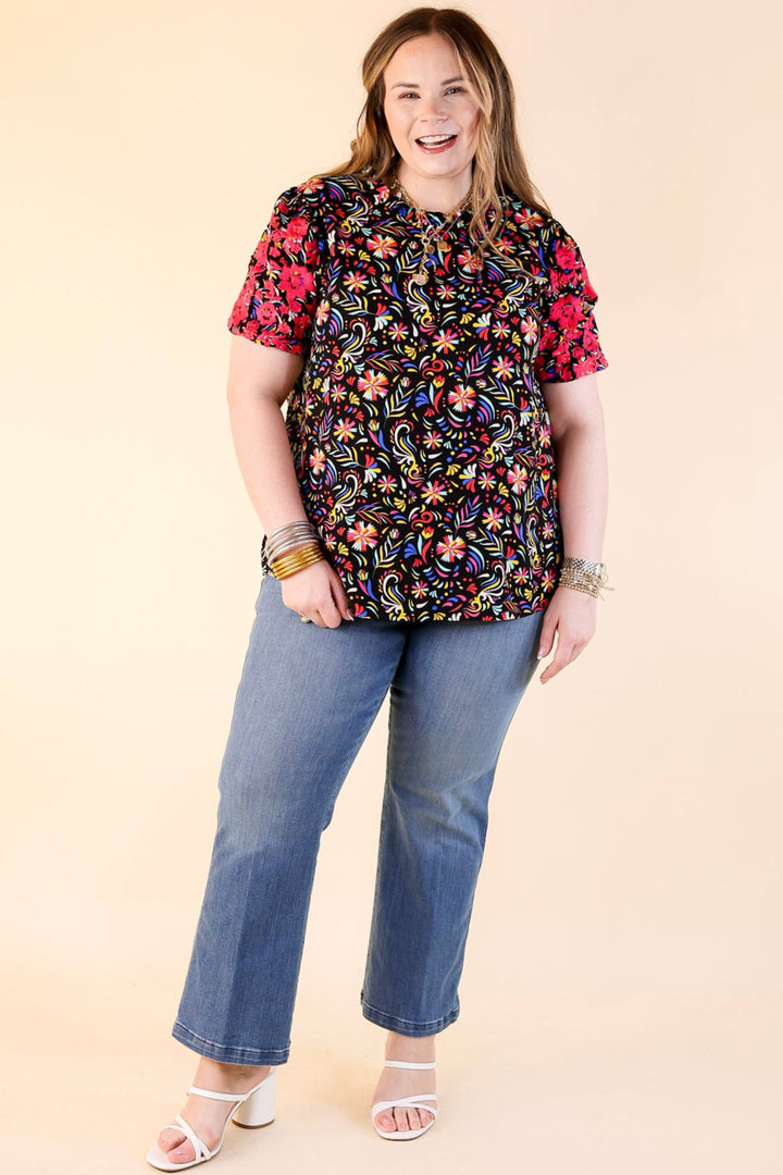Vivid Vibes Multicolor Patterned Top with Short Puff Sleeves in Black