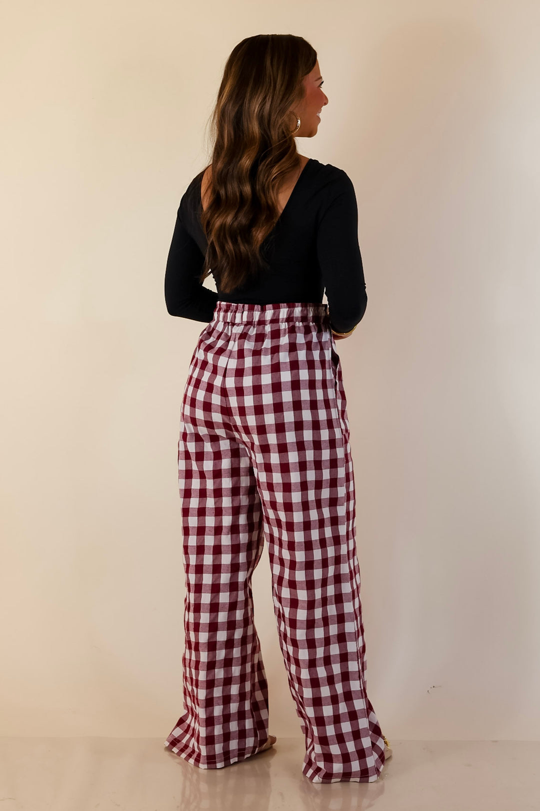 Pairs Well with Others Gingham Print Drawstring Pants with Elastic Waistband in Ivory and Maroon