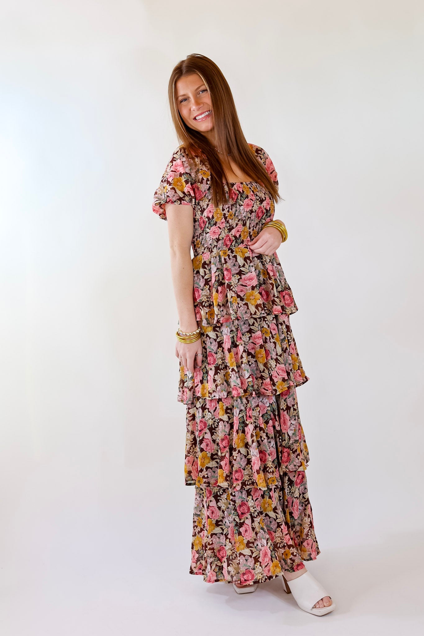 Fun Feeling Floral Tiered Maxi Dress with Smocked Balloon Sleeves in Brown Mix - Giddy Up Glamour Boutique