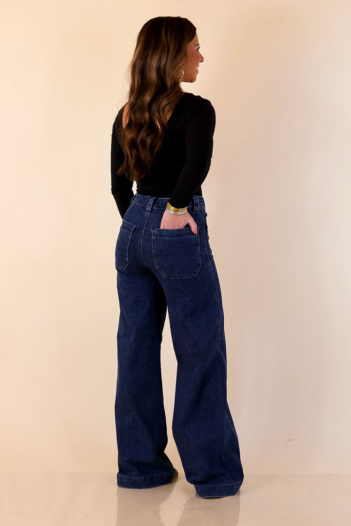 Judy Blue | Front and Center Front Patch Pocket Retro Wide Leg Trouser Jean in Dark Wash