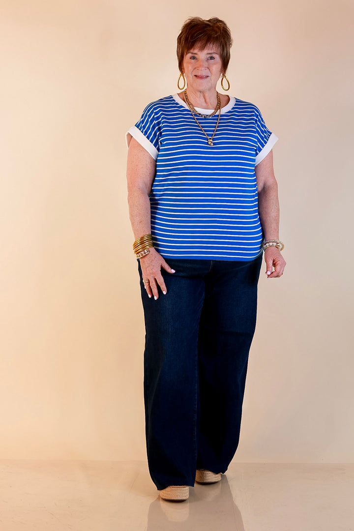 Right on Repeat Scoop Neck Cap Sleeve with Contrast Trim Striped Tee Top in Dark Blue