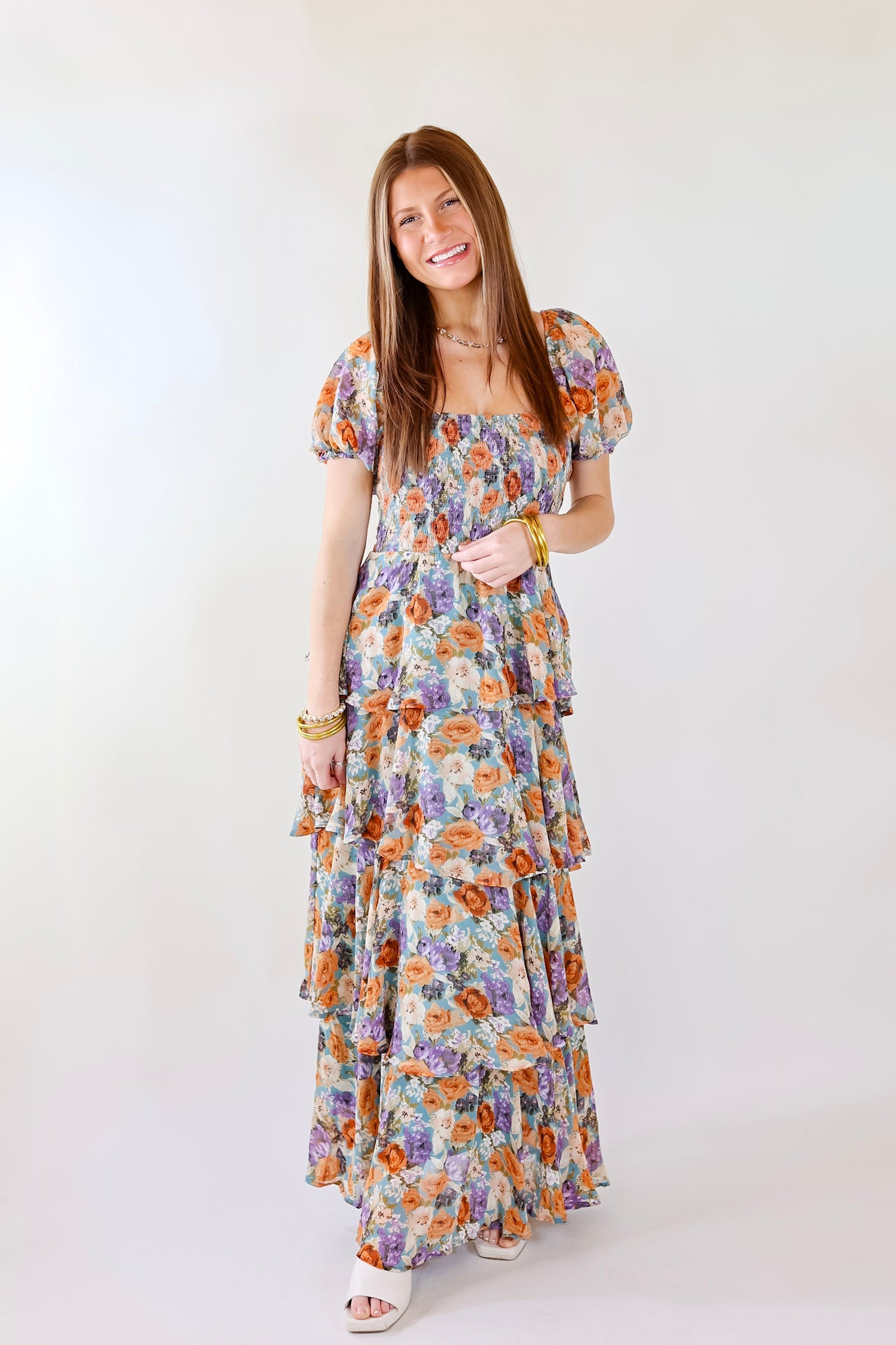 Fun Feeling Floral Tiered Maxi Dress with Smocked Balloon Sleeves in Blue Mix - Giddy Up Glamour Boutique