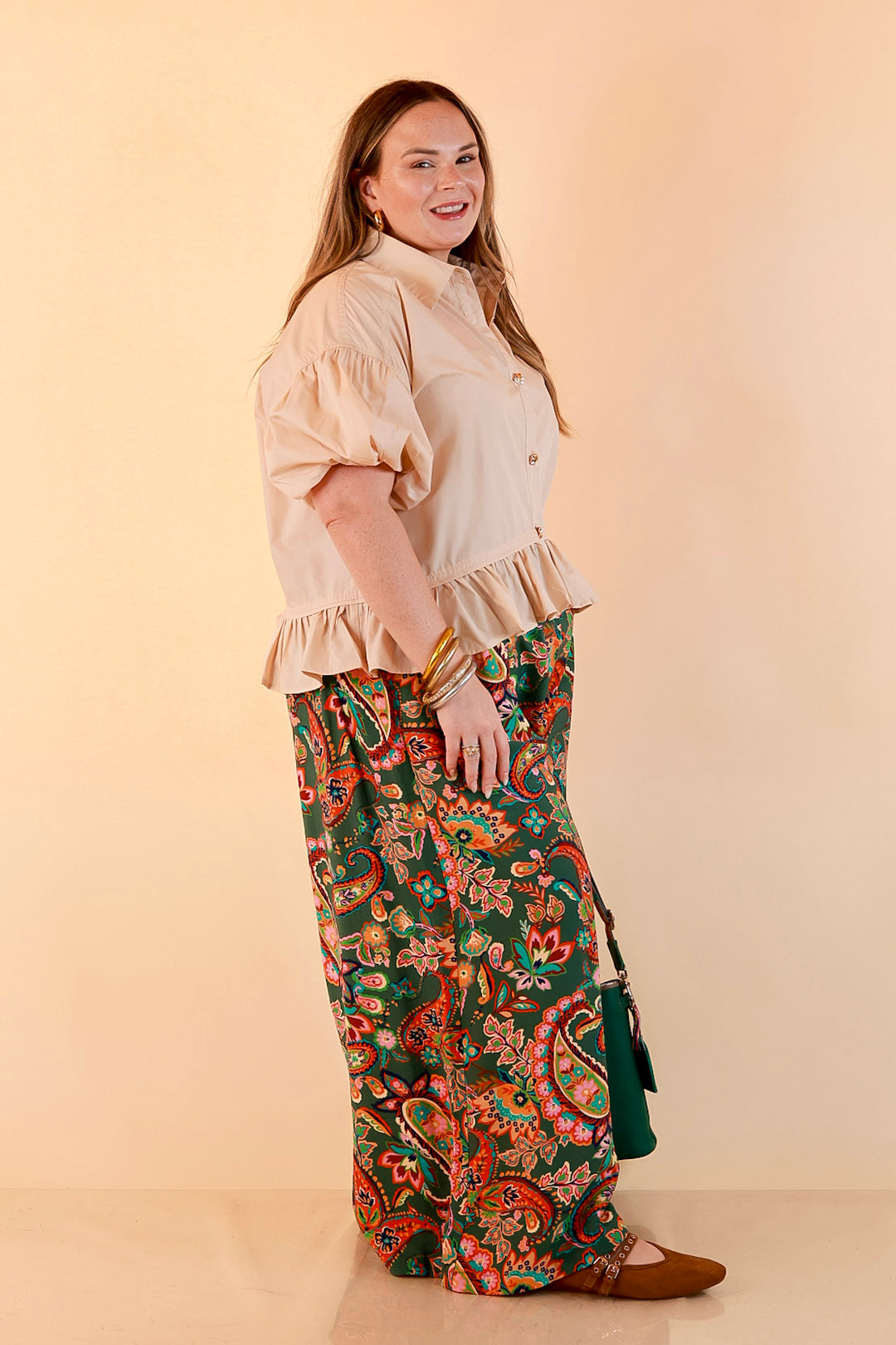 Style in Session Solid Button Down Peplum Bubble Sleeve Top in Ivory