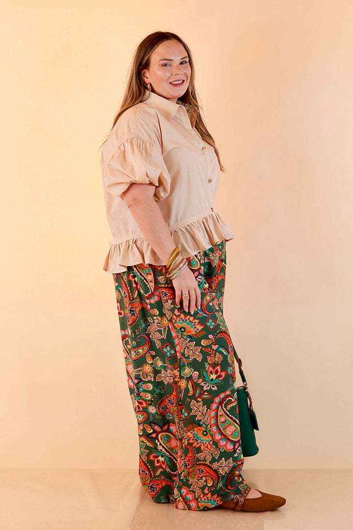 Style in Session Solid Button Down Peplum Bubble Sleeve Top in Ivory
