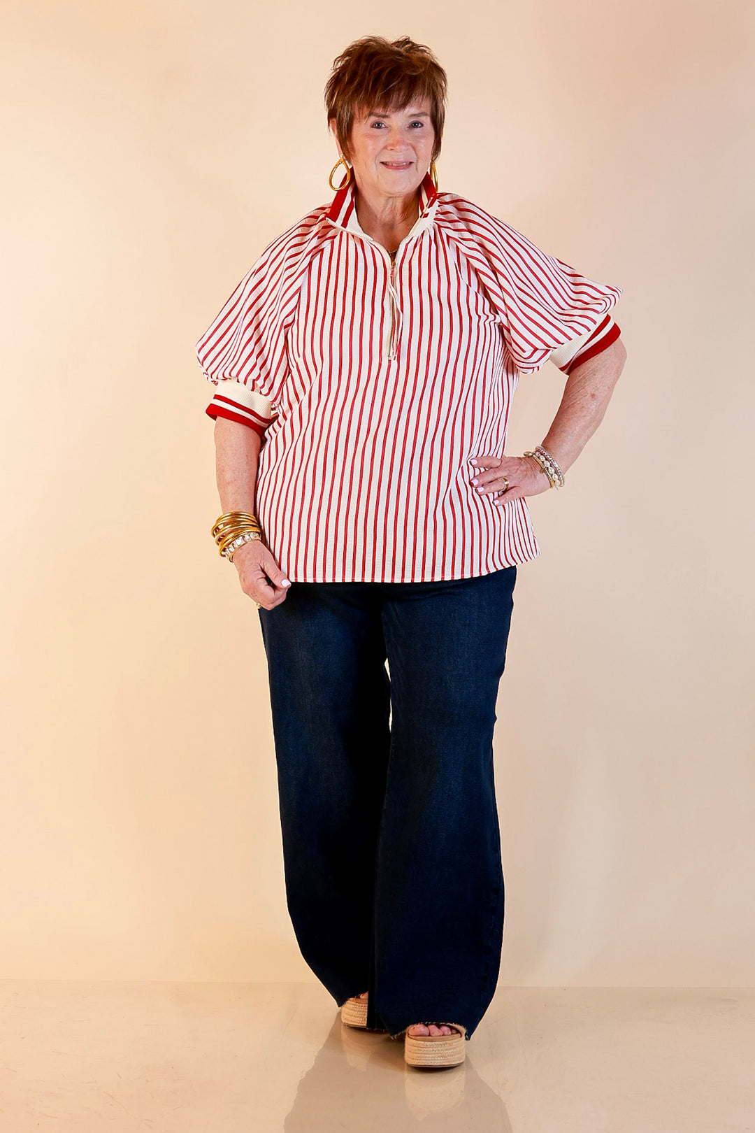 Bold Instincts Striped Print Half Zip Top with Puff Sleeves in Red and Ivory