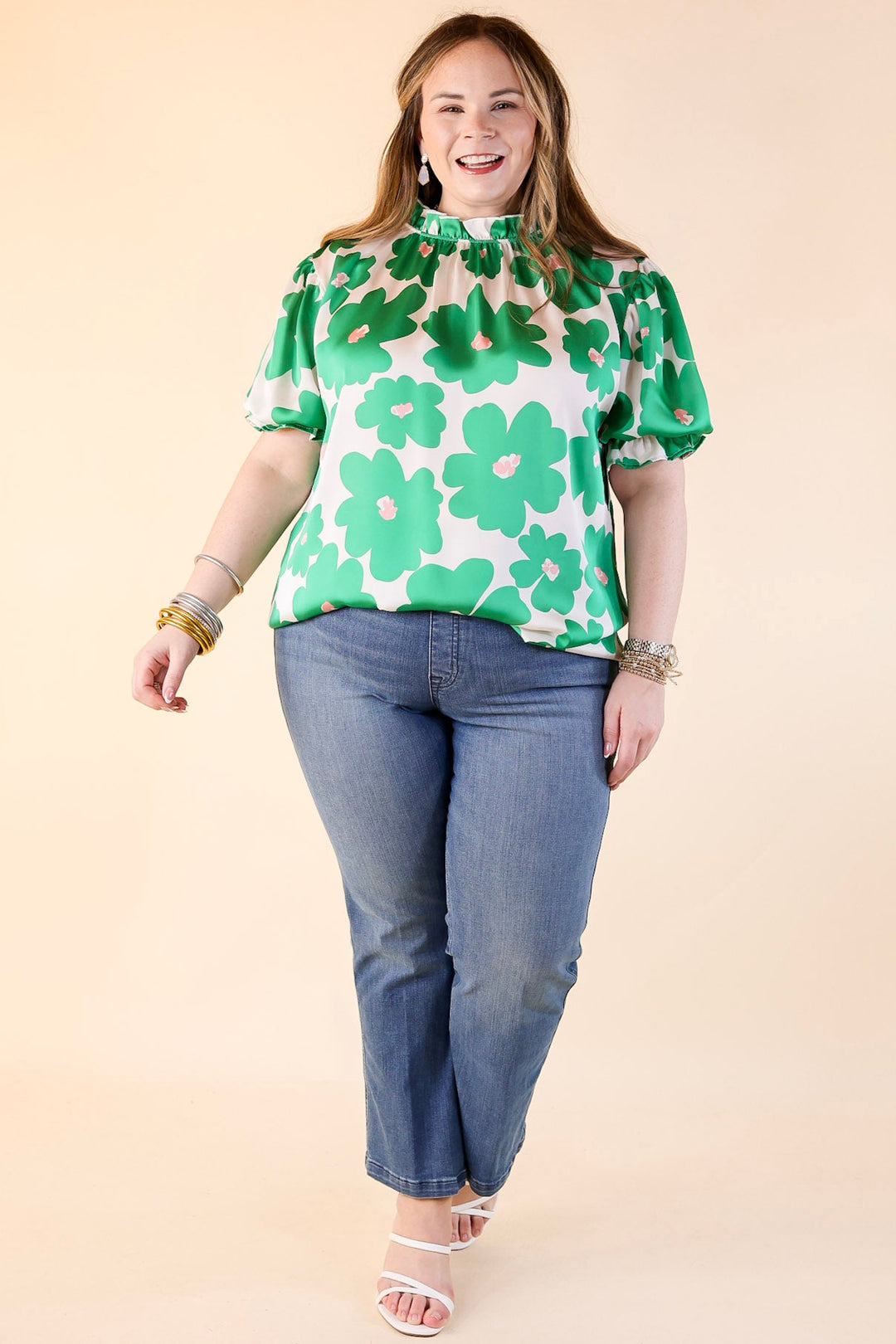 Divine Design Floral Blouse With Puffed Sleeve and Ruffle Neckline in Green