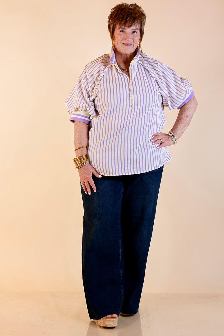 Bold Instincts Striped Print Half Zip Top with Puff Sleeves in Lavender Purple and Ivory