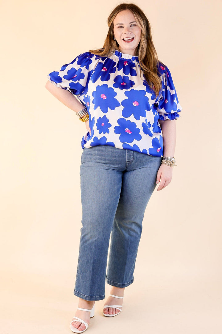 Divine Design Floral Blouse With Puffed Sleeve and Ruffle Neckline in Cobalt Blue